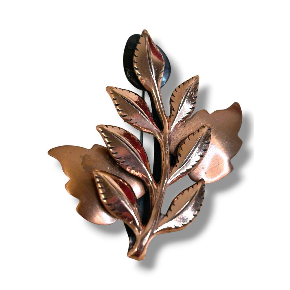 Vintage Renoir Double Copper Leaf Brooch Signed 1950s Polished Finish